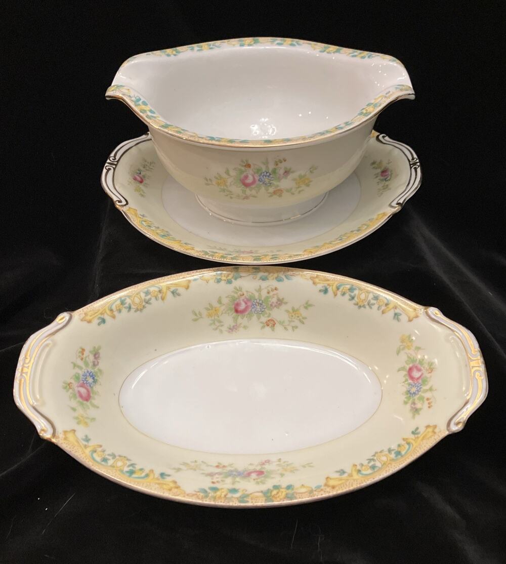 2 Sampy Antique Gravy Boat & Vegetable Serving Dish Hand Painted Madeleine Japan